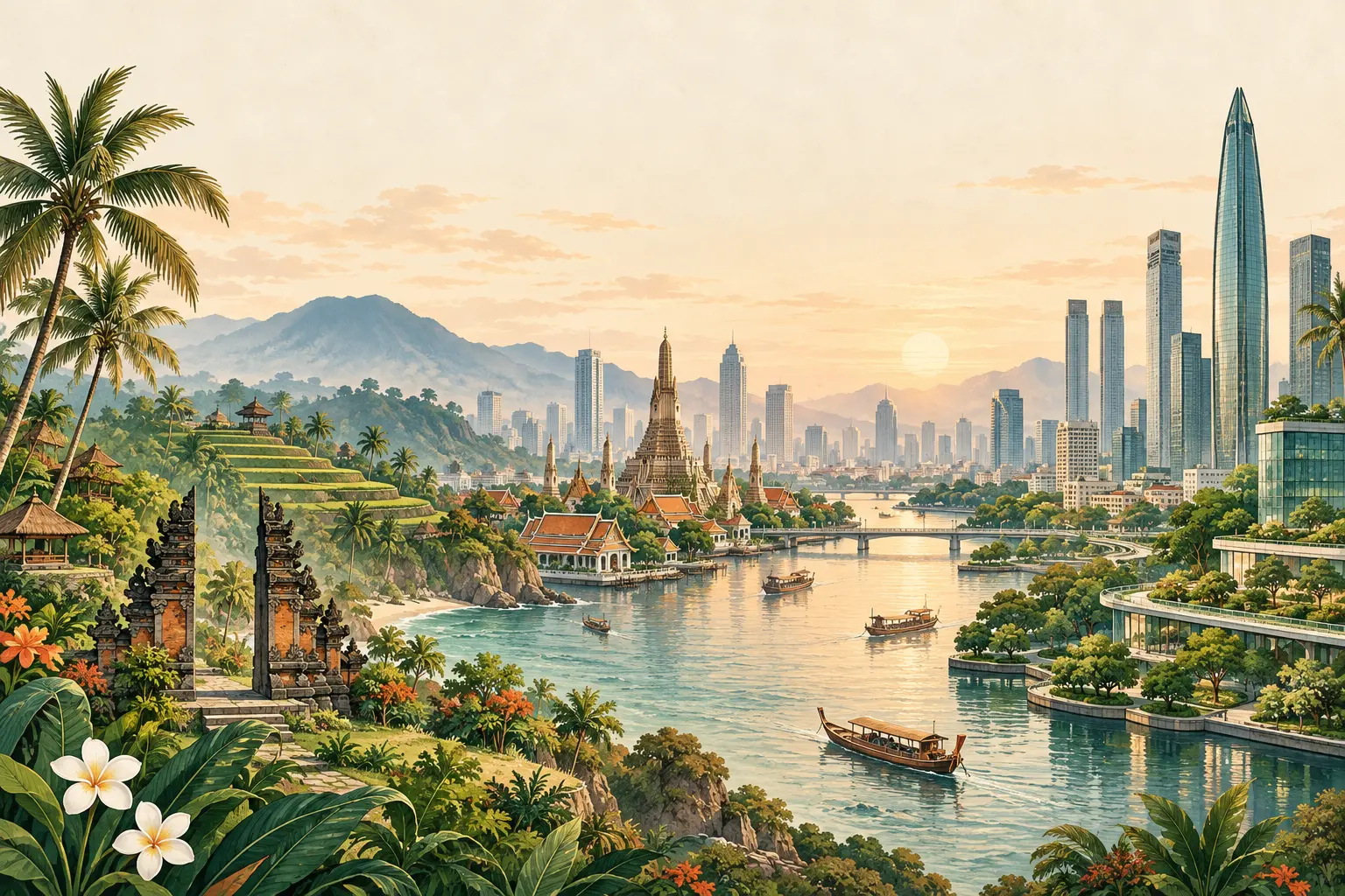 Illustration of Bali, Bangkok and Shenzhen